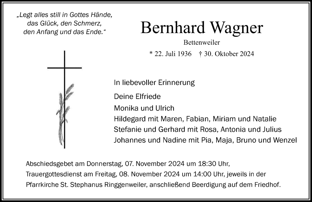  Traueranzeige für Bernhard Wagner vom 05.11.2024 aus Ravensburg