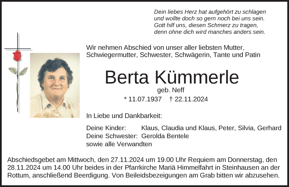  Traueranzeige für Berta Kümmerle vom 26.11.2024 aus Biberach