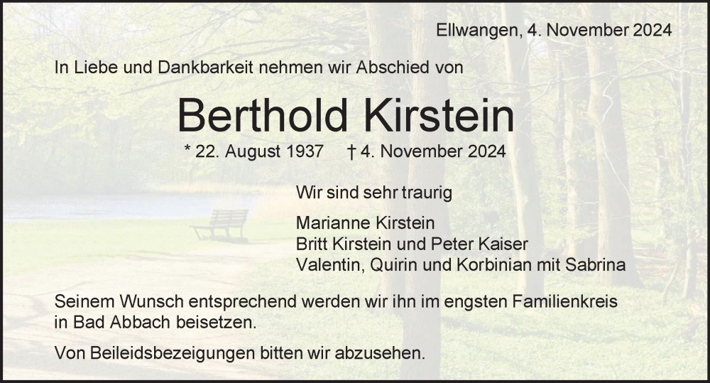  Traueranzeige für Berthold Kirstein vom 09.11.2024 aus Aalen /Ellwangen