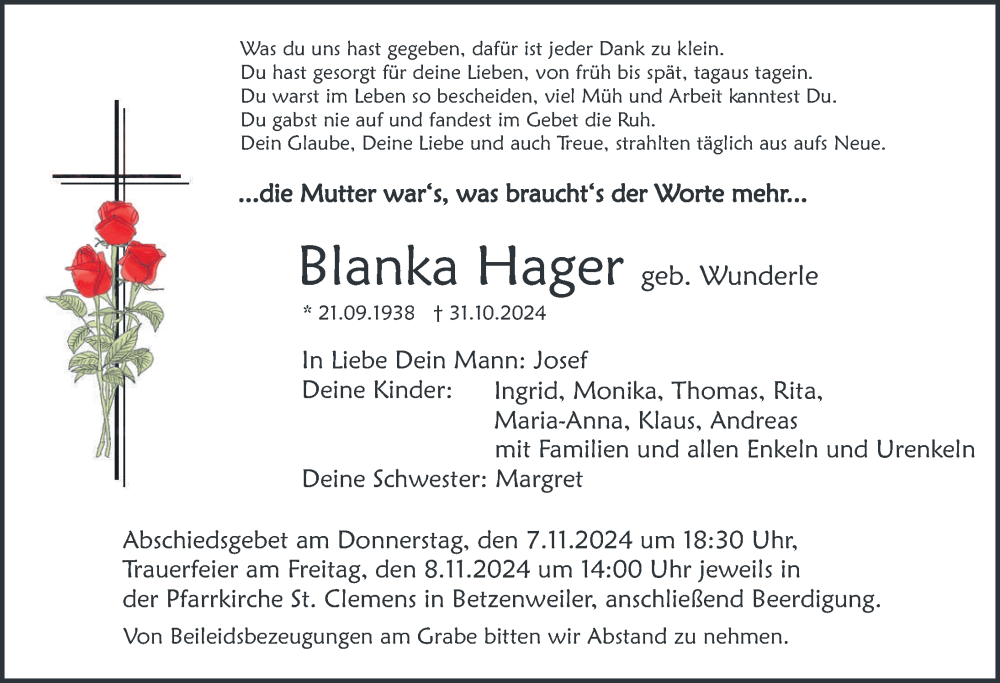  Traueranzeige für Blanka Hager vom 05.11.2024 aus Riedlingen