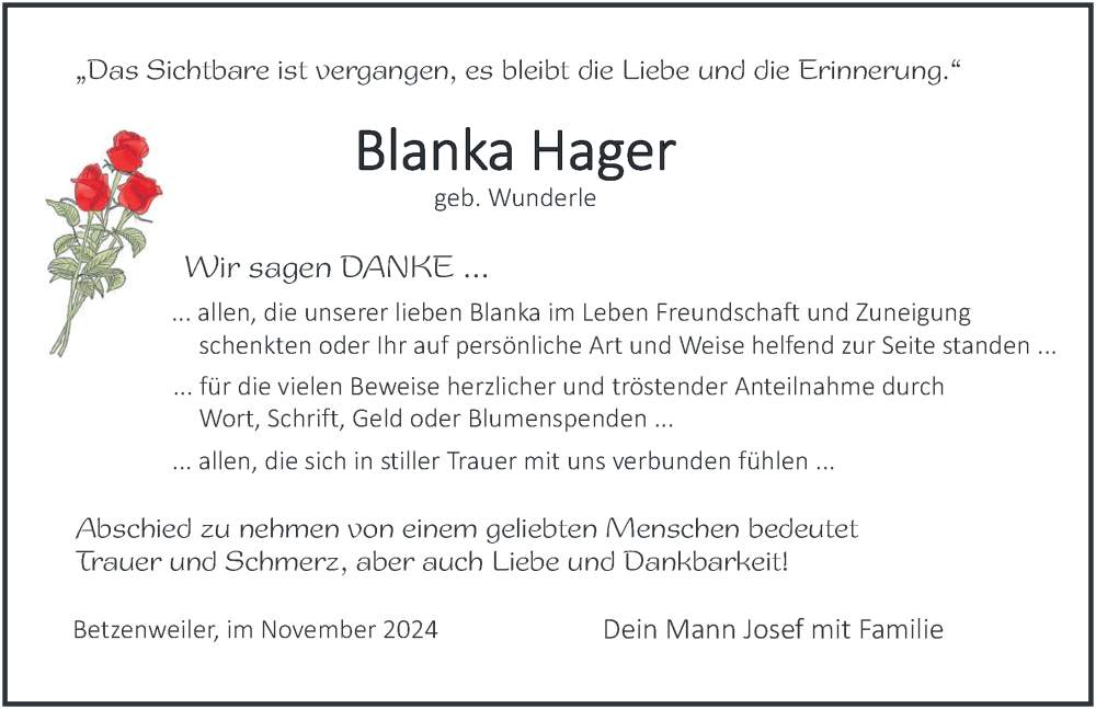  Traueranzeige für Blanka Hager vom 21.11.2024 aus Riedlingen