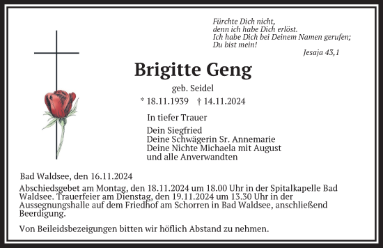 Anzeige von Brigitte Geng von Bad Waldsee