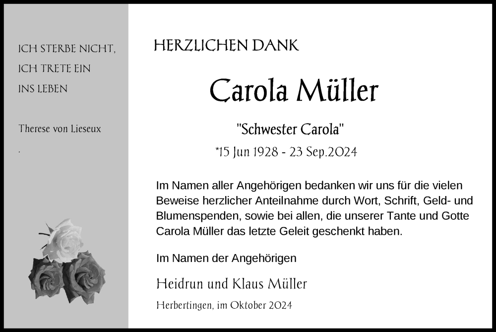  Traueranzeige für Carola Müller vom 09.11.2024 aus Bad Saulgau