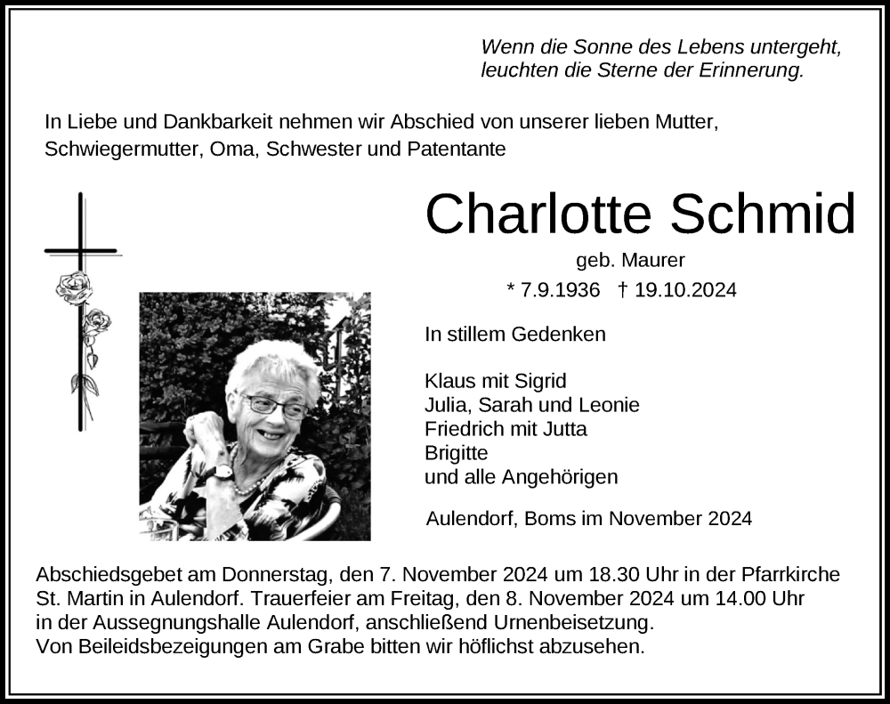  Traueranzeige für Charlotte Schmid vom 02.11.2024 aus Bad Waldsee