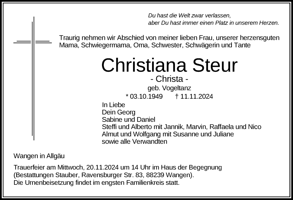  Traueranzeige für Christiana Steur vom 16.11.2024 aus Wangen