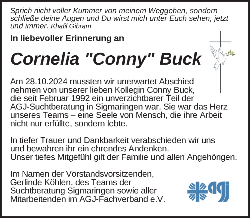  Traueranzeige für Cornelia Buck vom 09.11.2024 aus Sigmaringen