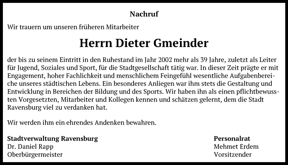  Traueranzeige für Dieter Gmeinder vom 21.11.2024 aus Ravensburg