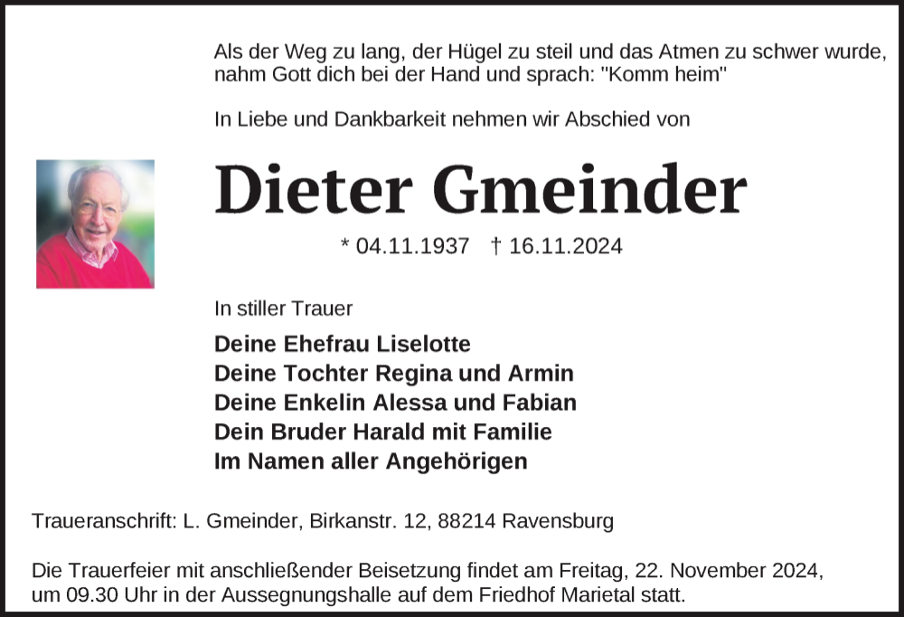  Traueranzeige für Dieter Gmeinder vom 20.11.2024 aus Ravensburg