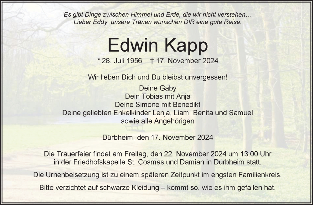  Traueranzeige für Edwin Kapp vom 20.11.2024 aus Tuttlingen, Spaichingen, Trossingen