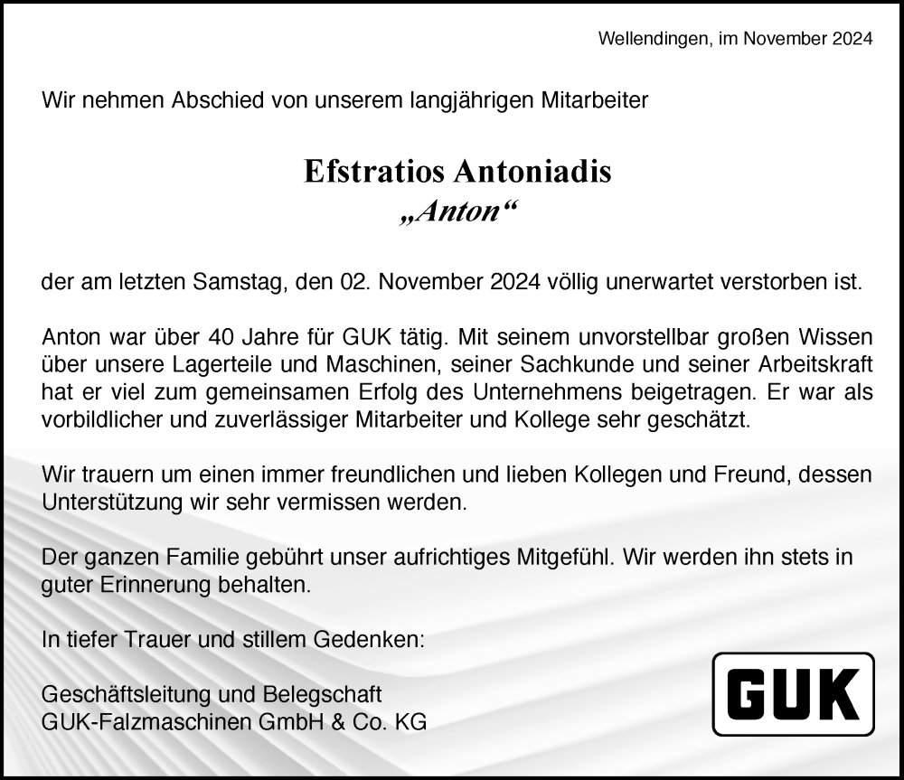  Traueranzeige für Efstratios Antoniadis vom 08.11.2024 aus Tuttlingen, Spaichingen, Trossingen