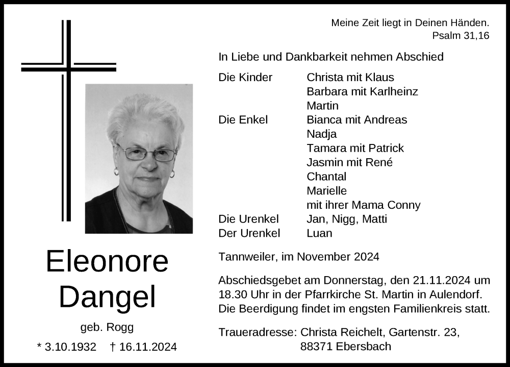  Traueranzeige für Eleonore Dangel vom 19.11.2024 aus Ravensburg