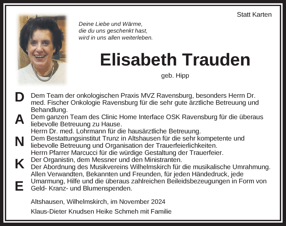  Traueranzeige für Elisabeth Trauden vom 09.11.2024 aus Ravensburg