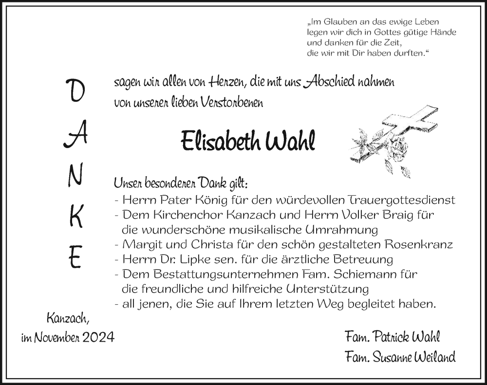  Traueranzeige für Elisabeth Wahl vom 06.11.2024 aus Riedlingen