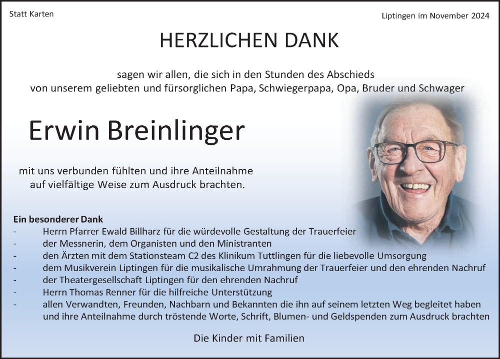  Traueranzeige für Erwin Breinlinger vom 08.11.2024 aus Tuttlingen, Spaichingen, Trossingen