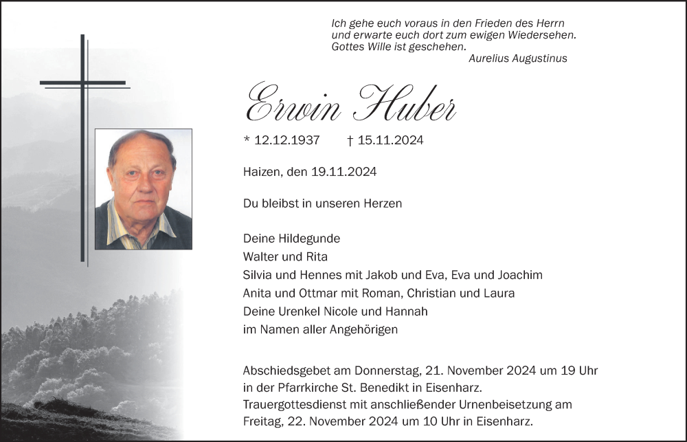  Traueranzeige für Erwin Huber vom 19.11.2024 aus Leutkirch