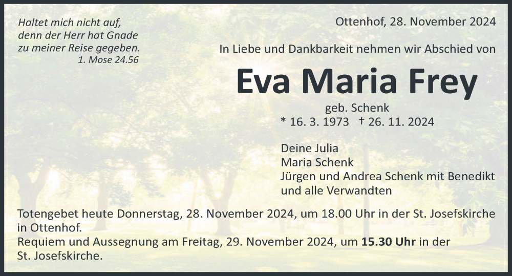  Traueranzeige für Eva Maria Frey vom 28.11.2024 aus Aalen /Ellwangen