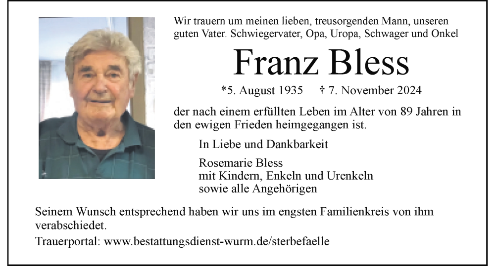  Traueranzeige für Franz Bless vom 19.11.2024 aus Friedrichshafen