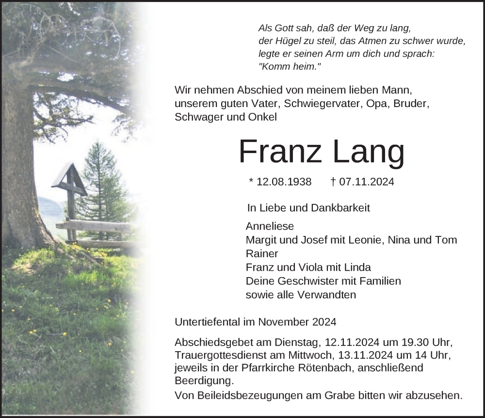  Traueranzeige für Franz Lang vom 09.11.2024 aus Ravensburg