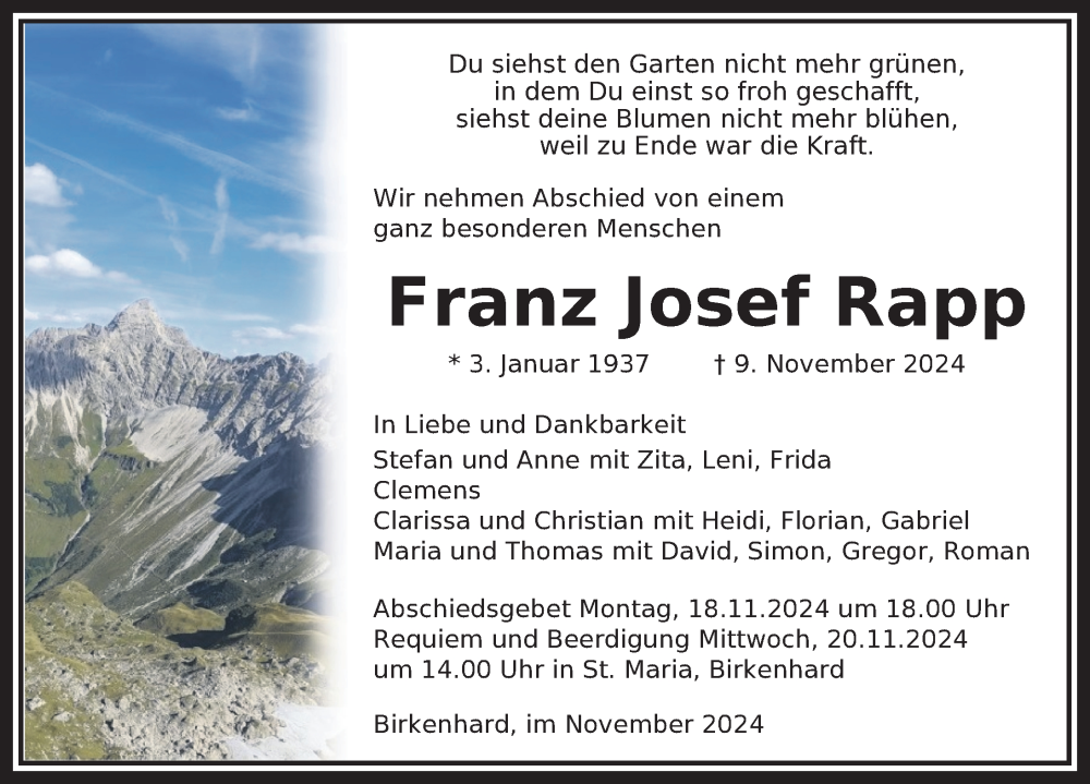  Traueranzeige für Franz Josef Rapp vom 16.11.2024 aus Biberach