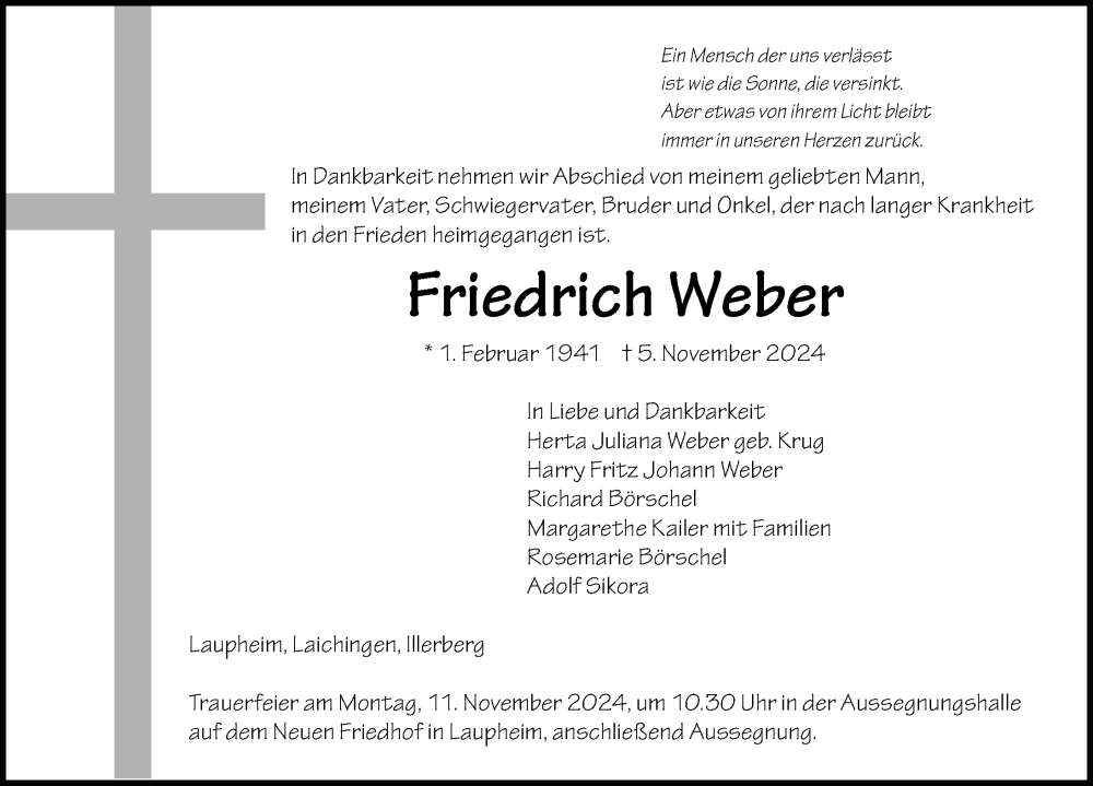  Traueranzeige für Friedrich Weber vom 07.11.2024 aus Laichingen, Ulm