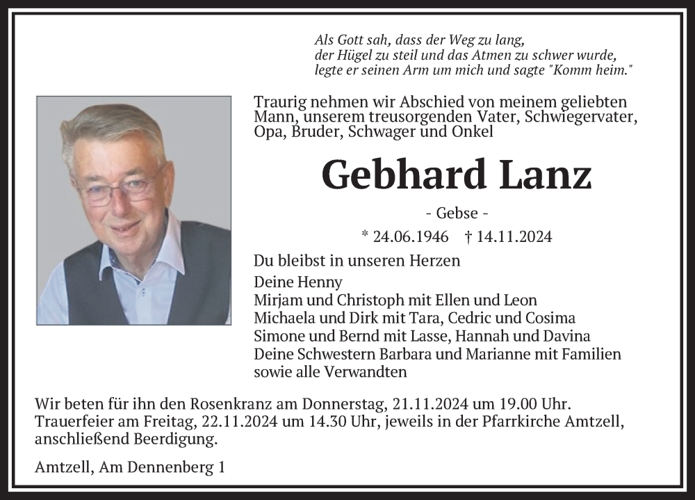  Traueranzeige für Gebhard Lanz vom 16.11.2024 aus Wangen