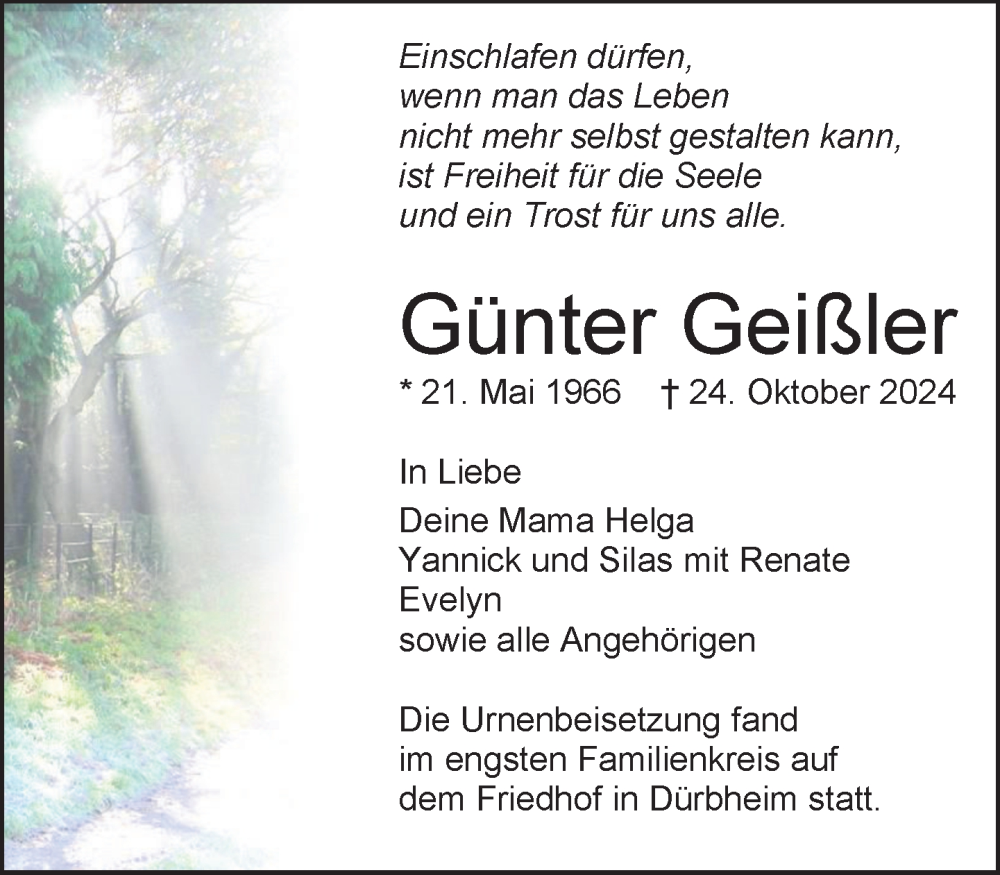  Traueranzeige für Günter Geißler vom 07.11.2024 aus Tuttlingen, Spaichingen, Trossingen