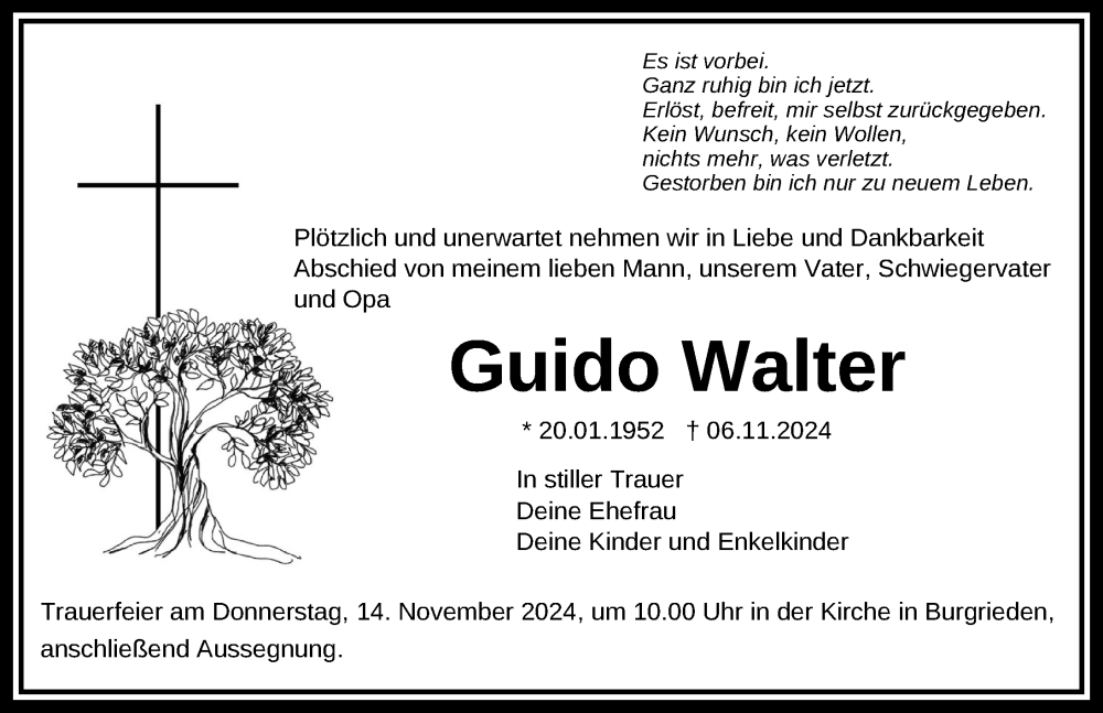  Traueranzeige für Guido Walter vom 09.11.2024 aus Laupheim