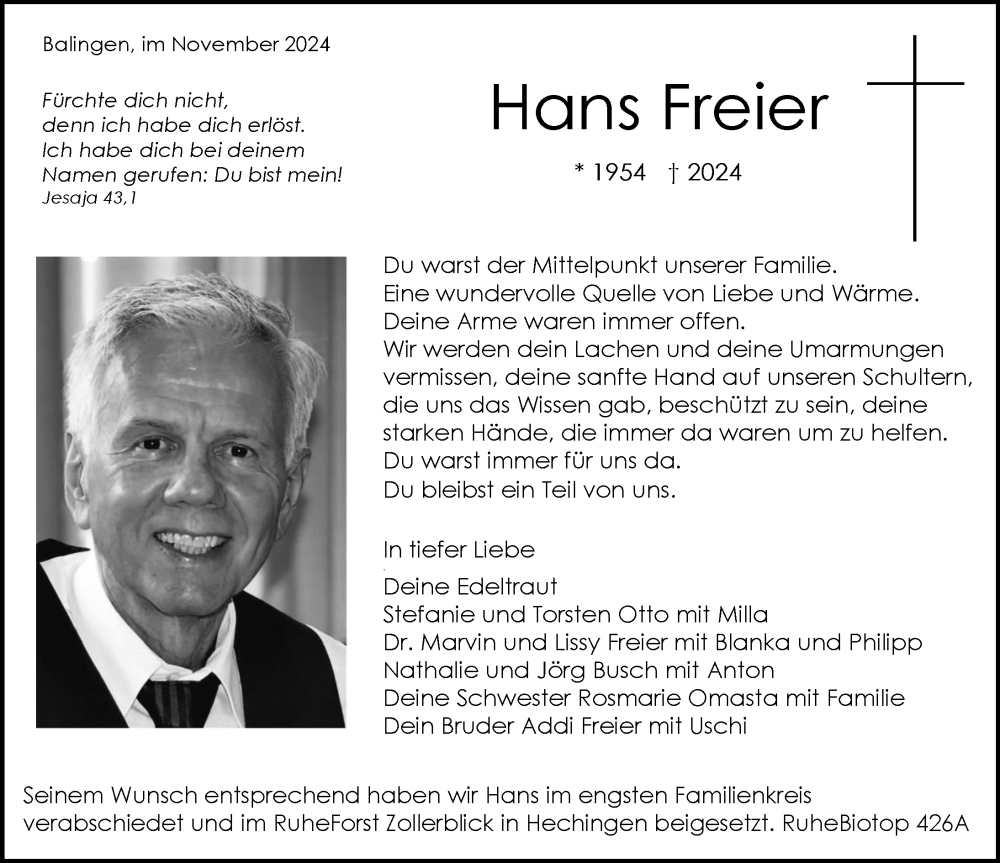  Traueranzeige für Hans Freier vom 16.11.2024 aus Balingen