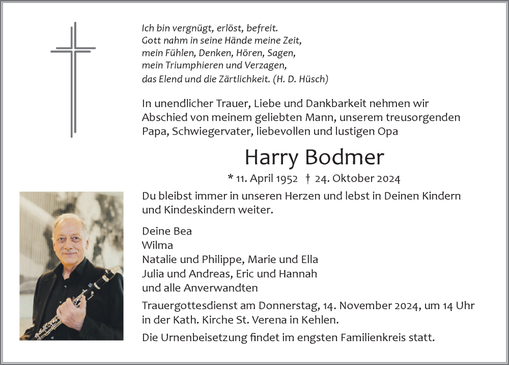  Traueranzeige für Harry Bodmer vom 09.11.2024 aus Friedrichshafen