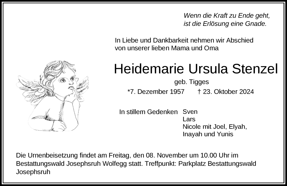  Traueranzeige für Heidemarie Ursula Stenzel vom 05.11.2024 aus Ravensburg