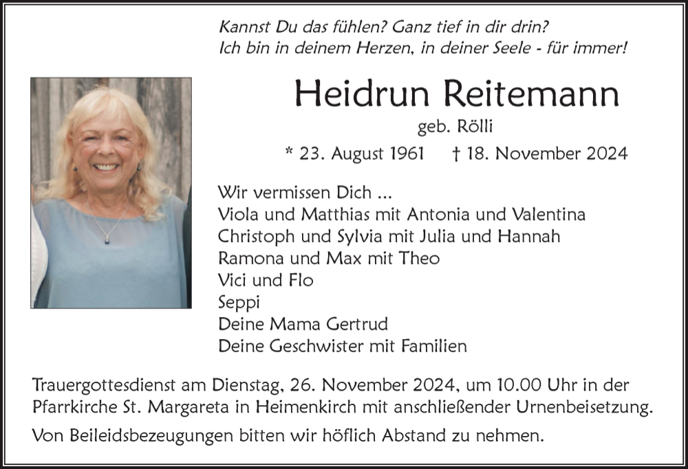  Traueranzeige für Heidrun Reitemann vom 20.11.2024 aus Wangen