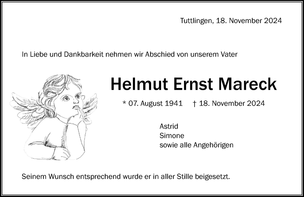  Traueranzeige für Helmut Ernst Mareck vom 26.11.2024 aus Tuttlingen, Spaichingen, Trossingen