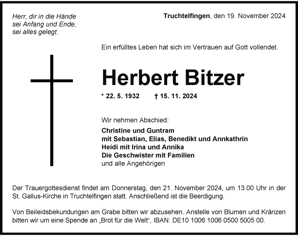  Traueranzeige für Herbert Bitzer vom 19.11.2024 aus Balingen