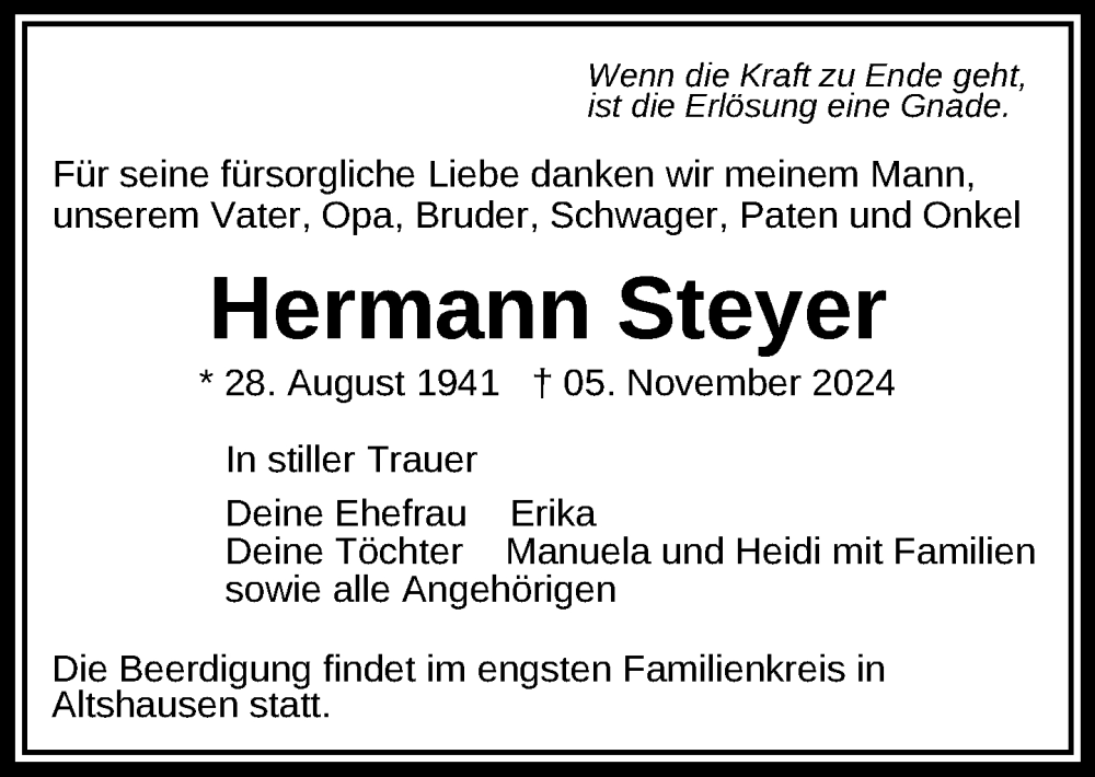  Traueranzeige für Hermann Steyer vom 09.11.2024 aus Ravensburg