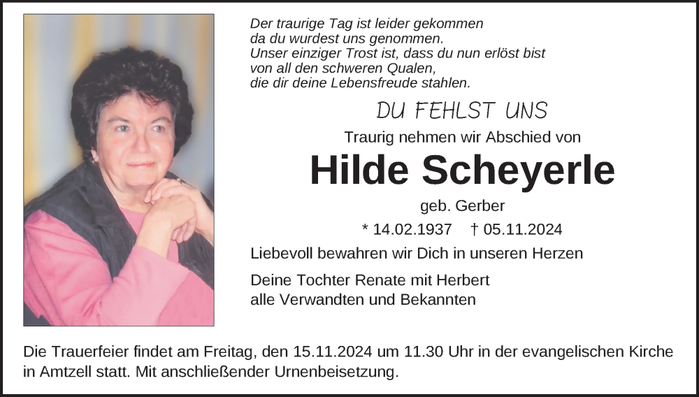  Traueranzeige für Hilde Scheyerle vom 13.11.2024 aus Wangen