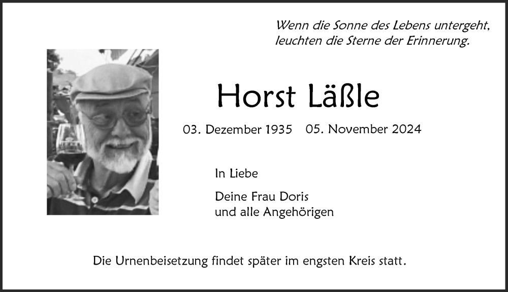  Traueranzeige für Horst Läßle vom 09.11.2024 aus Ravensburg