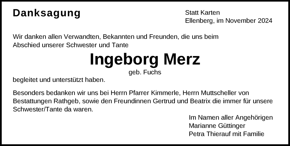  Traueranzeige für Ingeborg Merz vom 13.11.2024 aus Aalen /Ellwangen