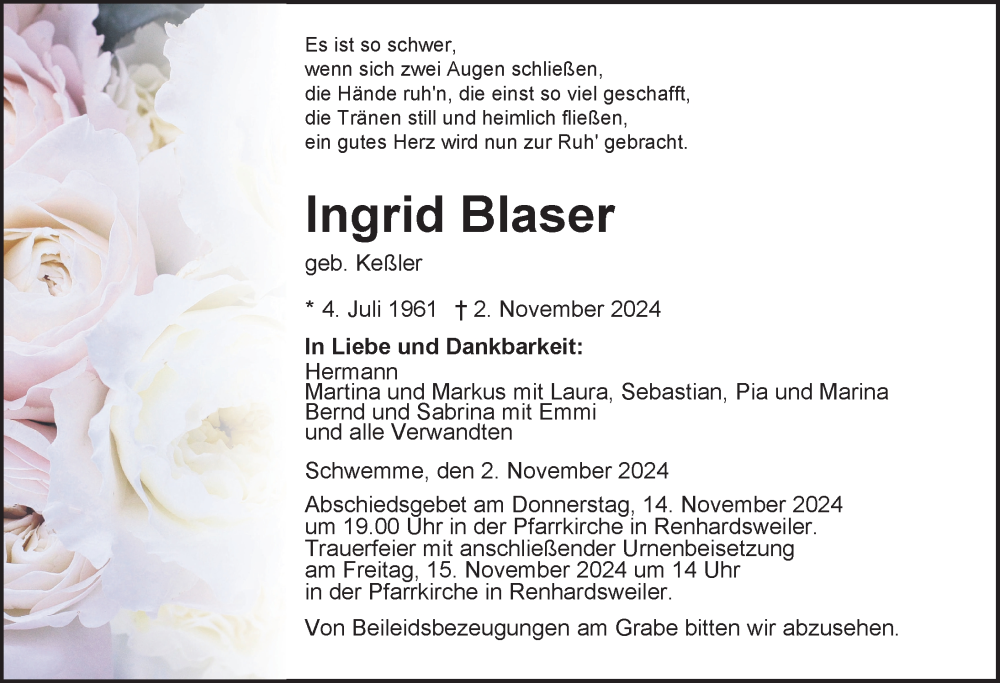  Traueranzeige für Ingrid Blaser vom 12.11.2024 aus Bad Saulgau