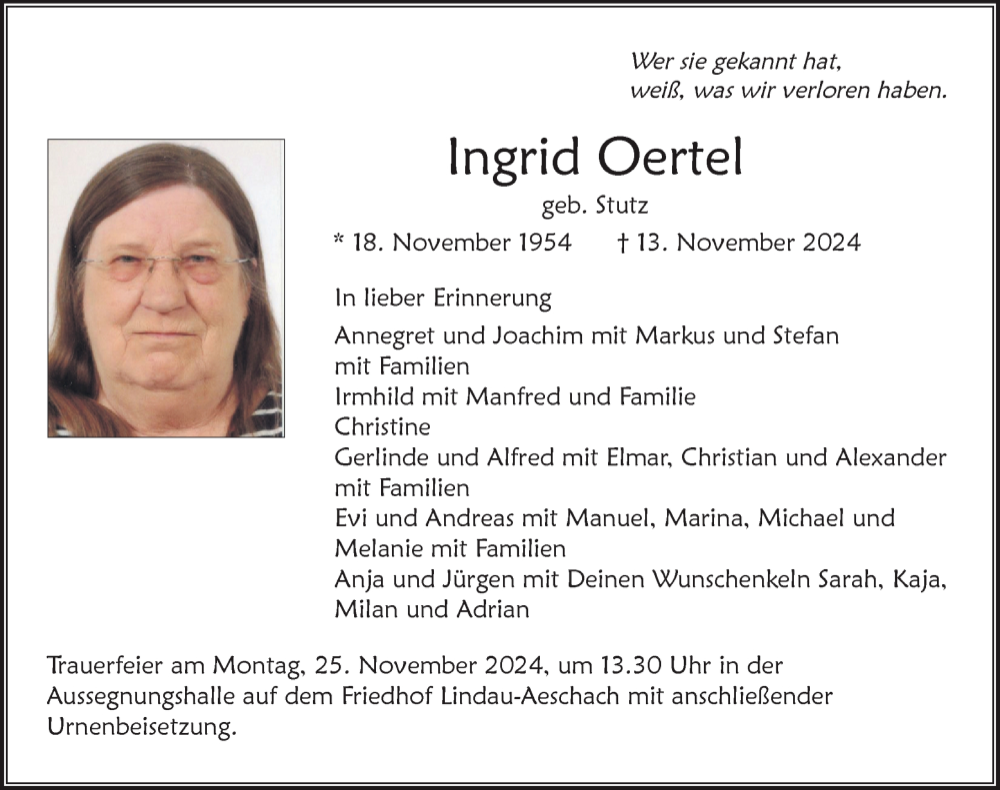  Traueranzeige für Ingrid Oertel vom 20.11.2024 aus Lindau