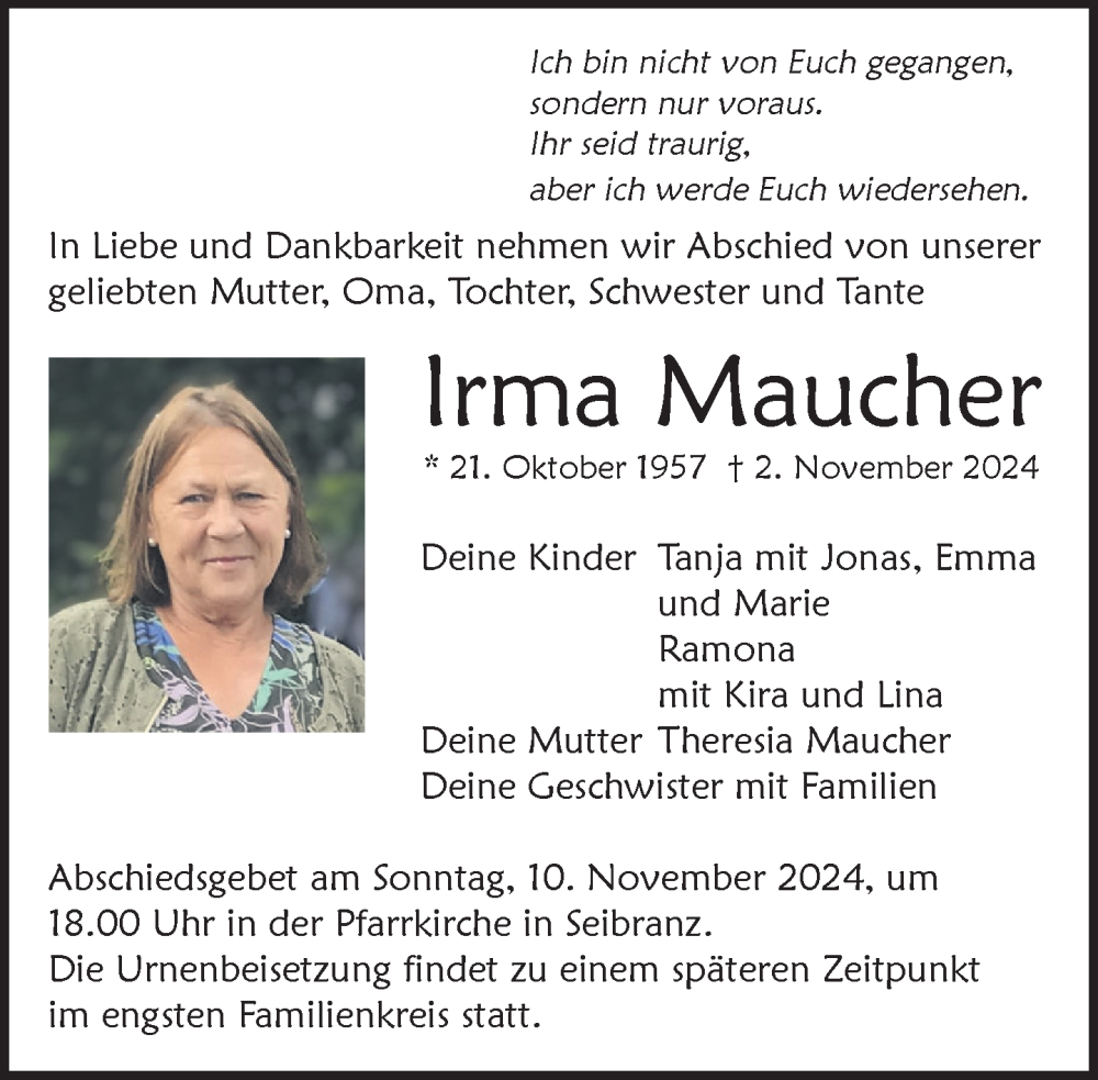  Traueranzeige für Irma Maucher vom 07.11.2024 aus Leutkirch