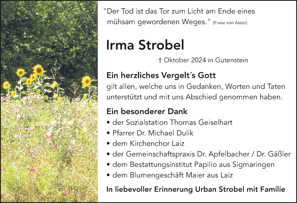  Traueranzeige für Irma Strobel vom 16.11.2024 aus Sigmaringen