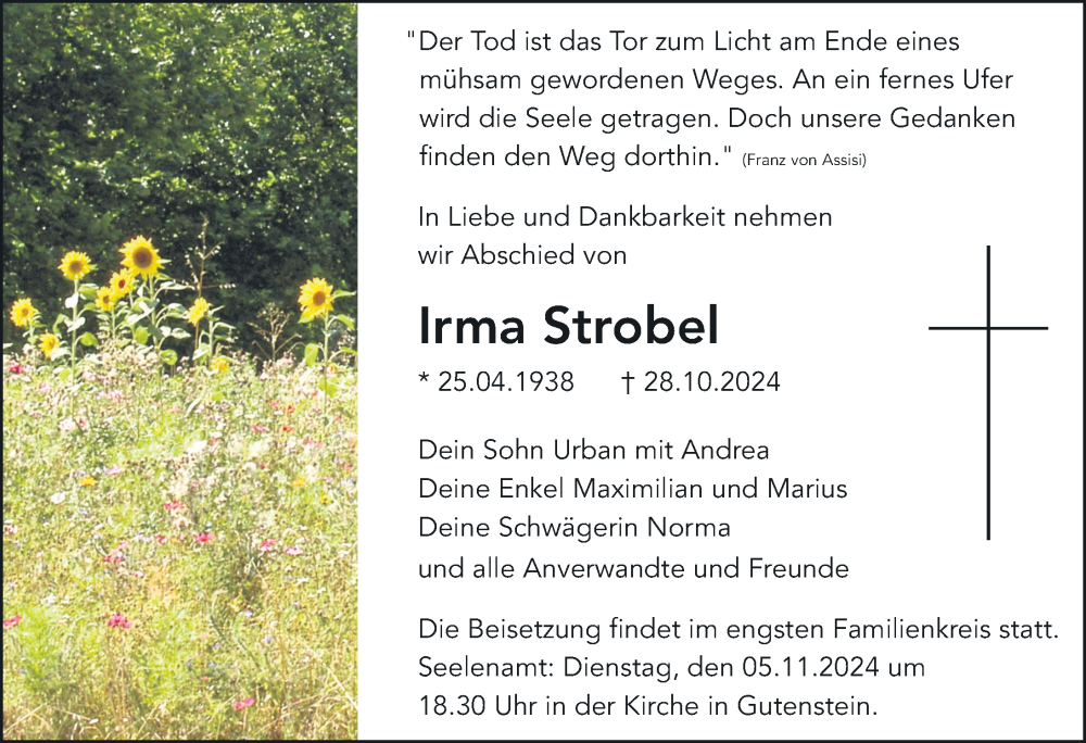  Traueranzeige für Irma Strobel vom 02.11.2024 aus Sigmaringen