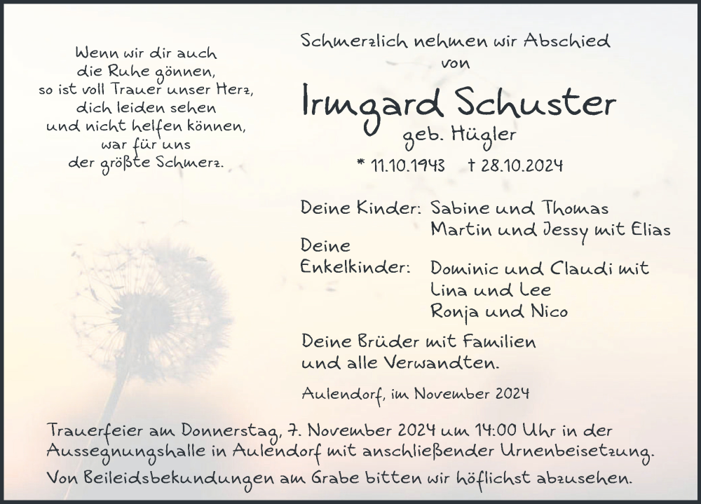  Traueranzeige für Irmgard Schuster vom 05.11.2024 aus Bad Waldsee