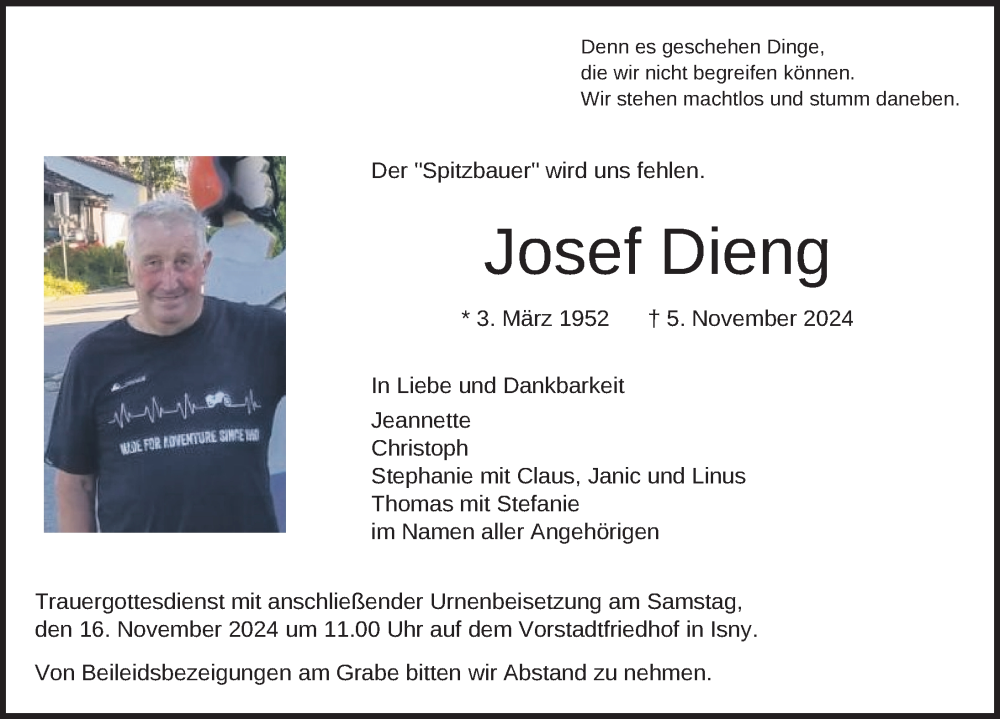  Traueranzeige für Josef Dieng vom 09.11.2024 aus Leutkirch