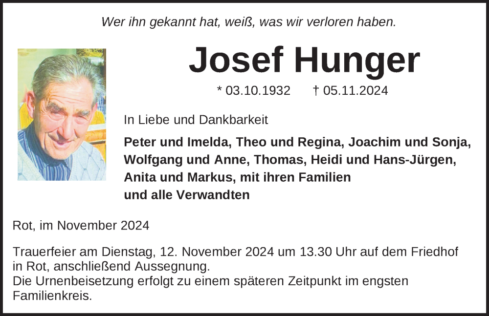  Traueranzeige für Josef Hunger vom 08.11.2024 aus Laupheim