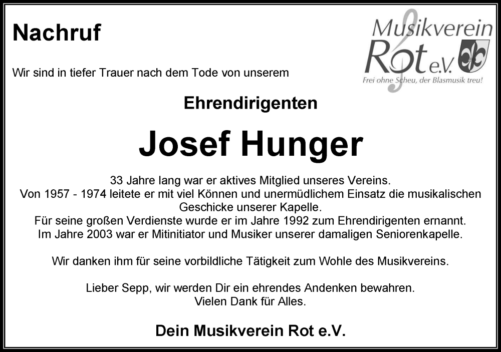  Traueranzeige für Josef Hunger vom 19.11.2024 aus Laupheim