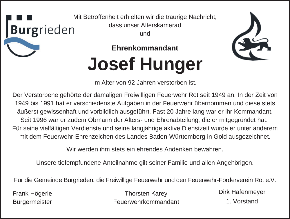  Traueranzeige für Josef Hunger vom 19.11.2024 aus Laupheim