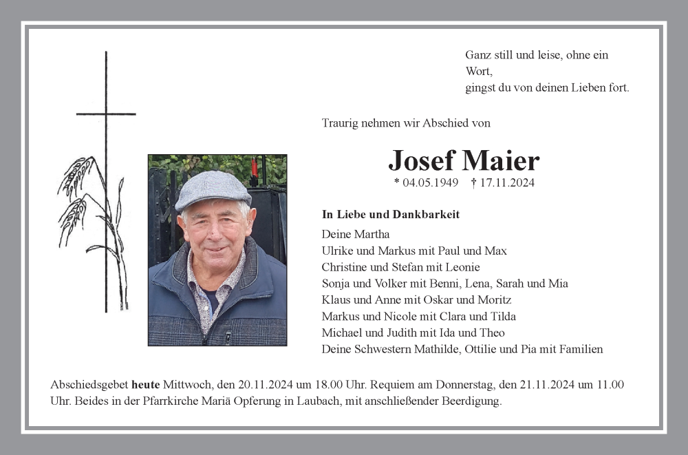  Traueranzeige für Josef Maier vom 19.11.2024 aus Biberach