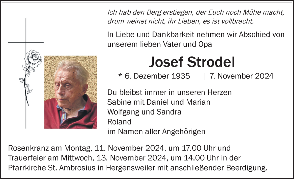  Traueranzeige für Josef Strodel vom 09.11.2024 aus Lindau