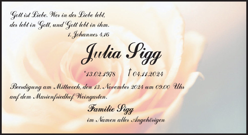  Traueranzeige für Julia Sigg vom 09.11.2024 aus Ravensburg